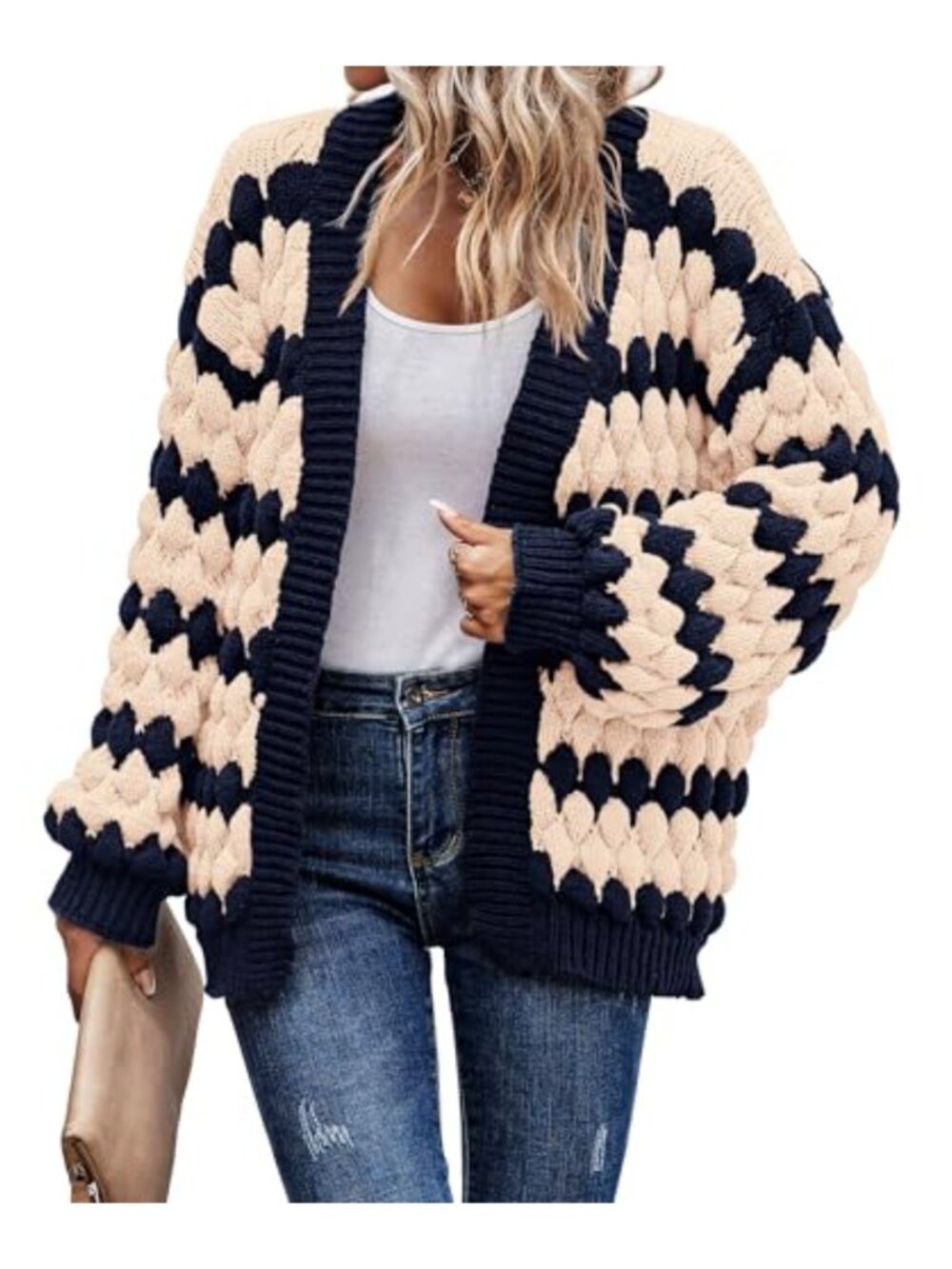 Womens Chunky Cable Knit Open Front Cardigan Lantern Sleeve Loose Fit